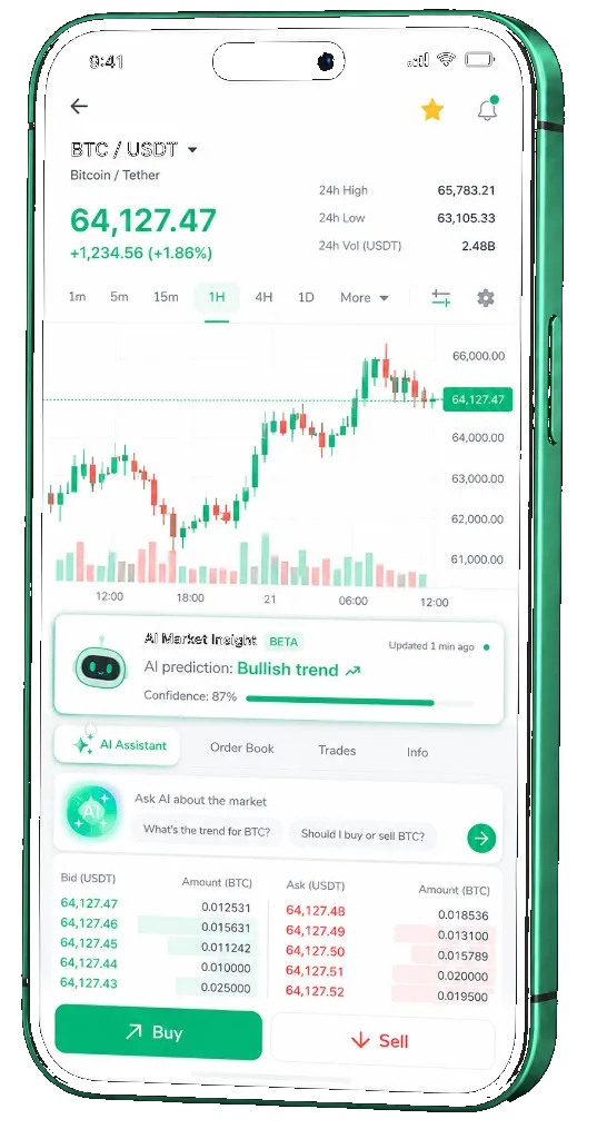 Falcon Ledvex trading platform on mobile — live BTC/USDT chart, order book, and buy/sell interface